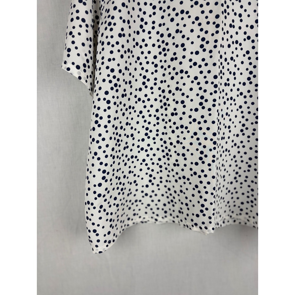 Polka Dot Button Down Short Sleeve Camp Collar Shirt White Navy Blue Blouse - Picture 11 of 13